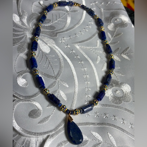 Handmade Lapis Lazuli Necklace with Blue Cloisonné beads 16.5 in - Picture 7 of 7